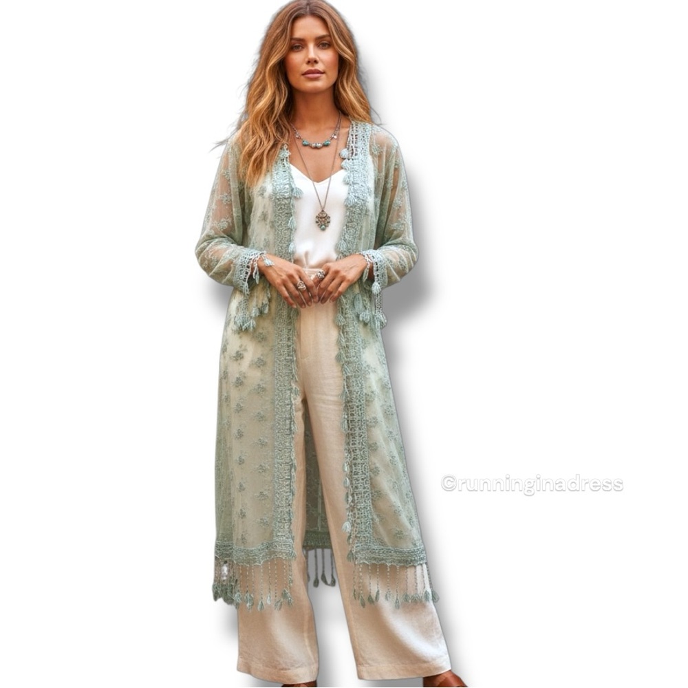 NWT LaBellum by Hillary Scott Mint Green Lace Embroidered Tassel Duster Kimono
